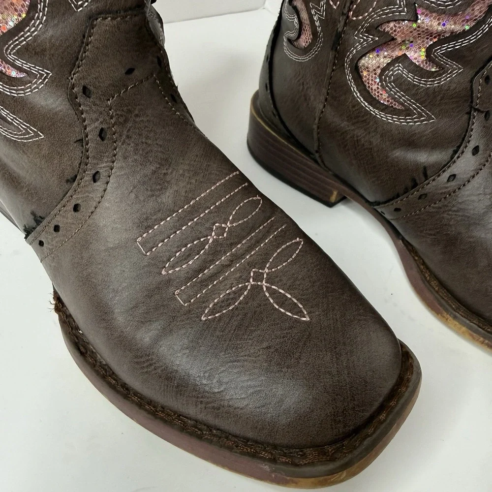 Kids Roper Brown Western Cowgirl Boots Pink Glitter Inlay Overlay Stitching